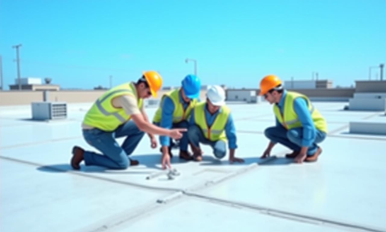 Highland Roofing team inspecting commercial rooftop