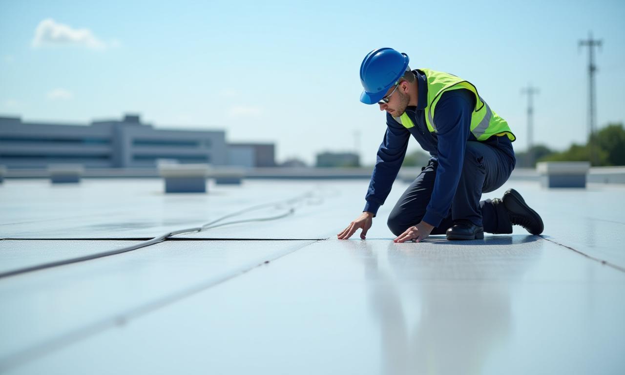 Highland Roofing technician inspecting a commercial roof